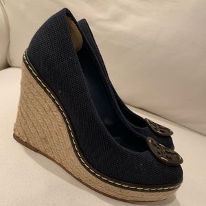 Tory Burch navy wedges, size 8
